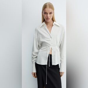 Mango Striped Bow Button Down Dress Shirt Size XXS
